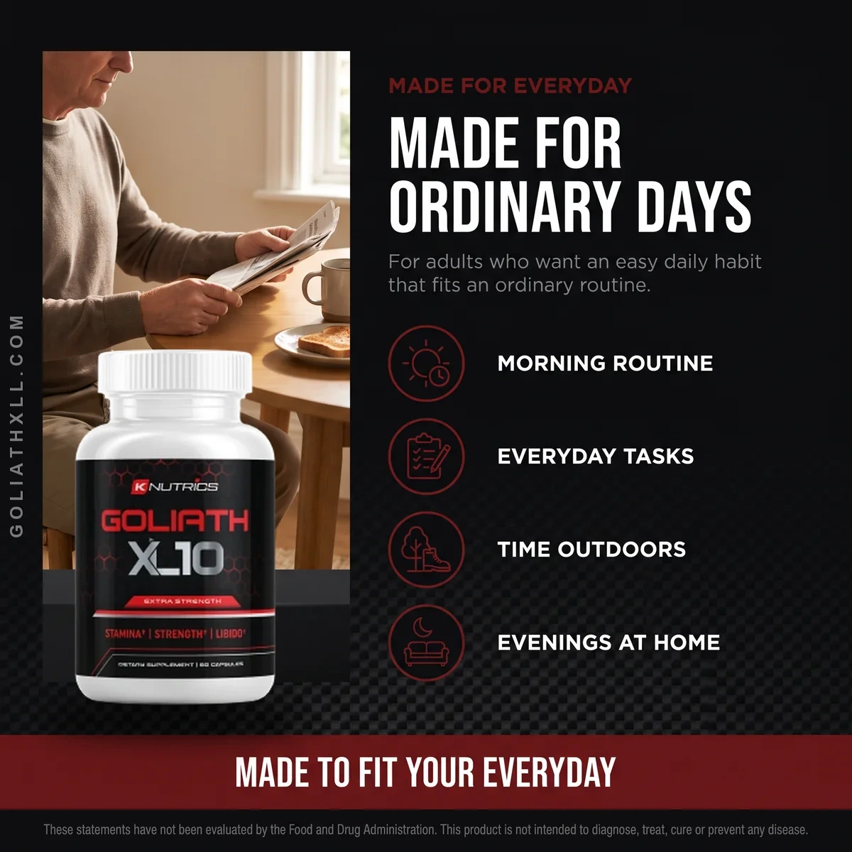 Goliath XL is made for ordinary days: adult men supporting stamina and energy alongside diet and exercise