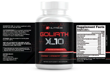 Goliath XL Supplement Facts label showing vitamin E, niacin and the botanical blend